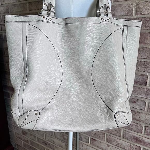 COLE HAAN Large Soft Ivory Pebbled Leather Tote with Gold Hardware (T) - Picture 2 of 13